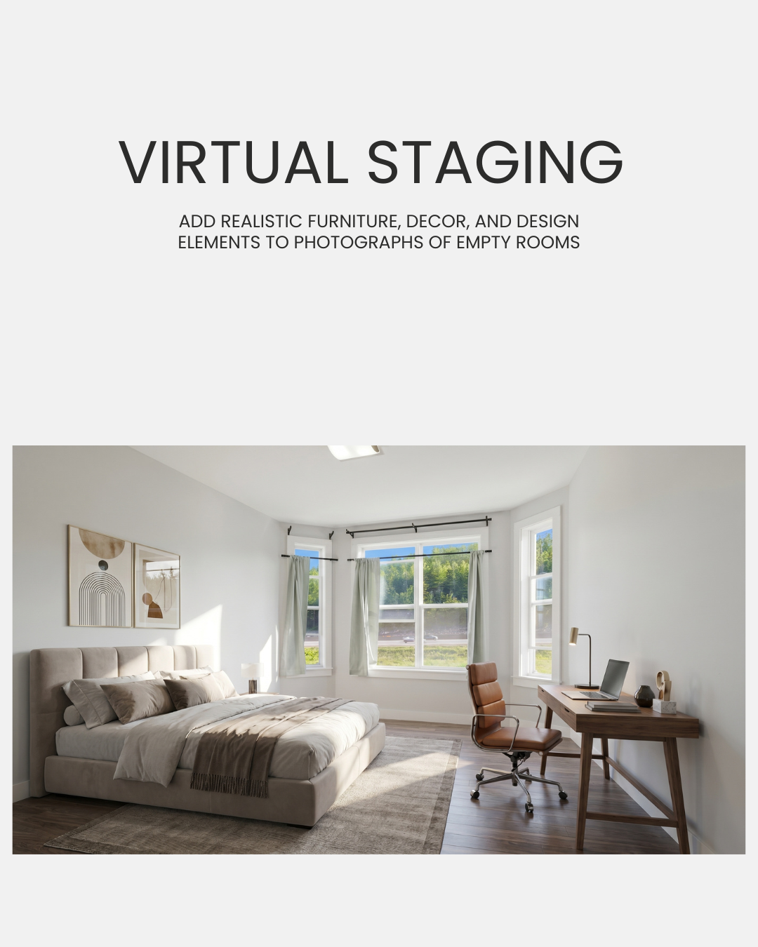 Virtual staging sample adding furniture to an empty bedroom