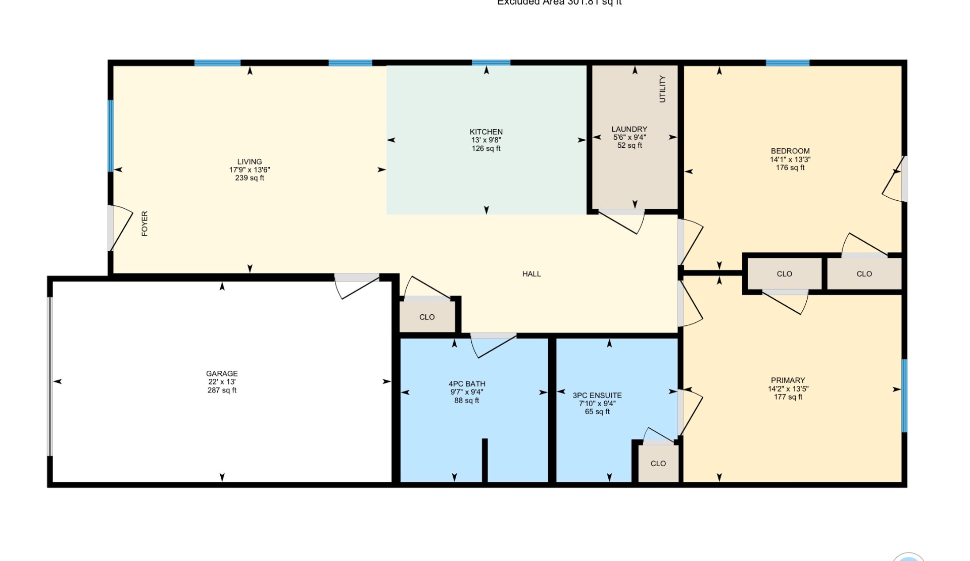 iGuide floor plan showing living, kitchen, laundry, bedrooms, bathrooms, and garage with dimensions and square footage